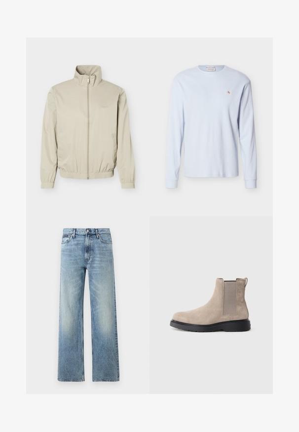 Veste légère beige avec col montant, fermeture éclair à l'avant, poignets et ourlet élastiques, dotée de poches latérales et d'un logo discret sur la poitrine.; T-shirt à manches longues en tricot gaufré bleu clair avec col rond, poignets côtelés et petit patch logo "CK" rouge et blanc sur la poitrine gauche.; Jean droit en denim bleu clair avec taille haute, cinq poches, fermeture à boutons et léger délavage sur les cuisses et les genoux.; Bottine Chelsea en daim beige avec des panneaux élastiques sur les côtés, une languette de tirage et une semelle en caoutchouc noir. Design élégant avec un bout arrondi.