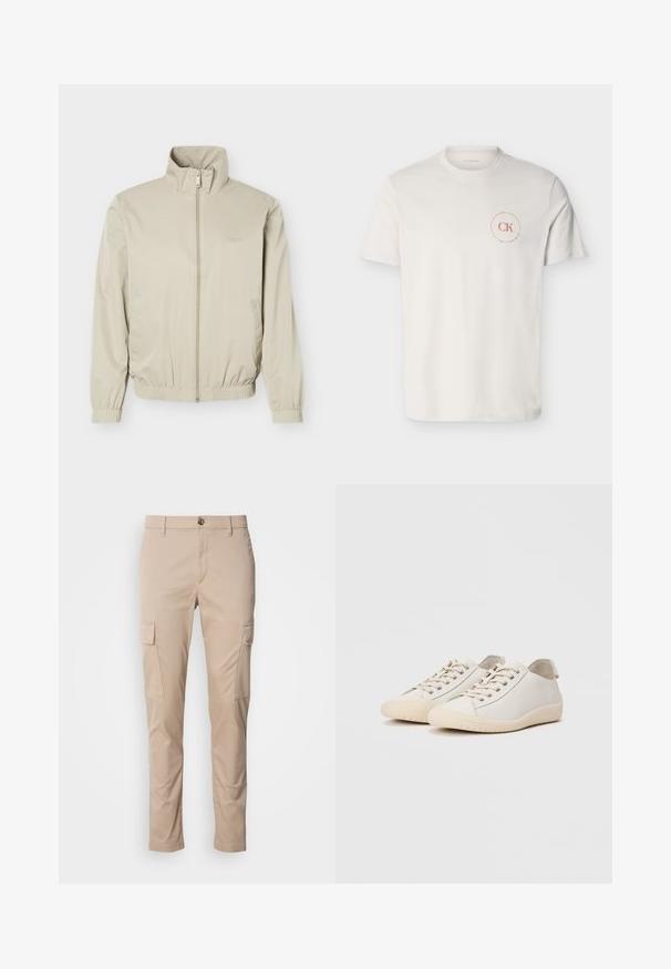 Veste légère beige avec col montant, fermeture éclair à l'avant, poignets et ourlet élastiques, dotée de poches latérales et d'un logo discret sur la poitrine.; T-shirt blanc à manches courtes et col rond avec petit logo circulaire rouge « CK Calvin Klein » sur le côté gauche de la poitrine.; Pantalons cargo beiges avec deux poches latérales, coupe ajustée, fabriqués en tissu léger, dotés d'une fermeture à bouton sur le devant et de passants de ceinture.; Baskets blanches en cuir lisse avec des coutures ton sur ton, fermeture à lacets, bout arrondi et semelle en caoutchouc texturée.