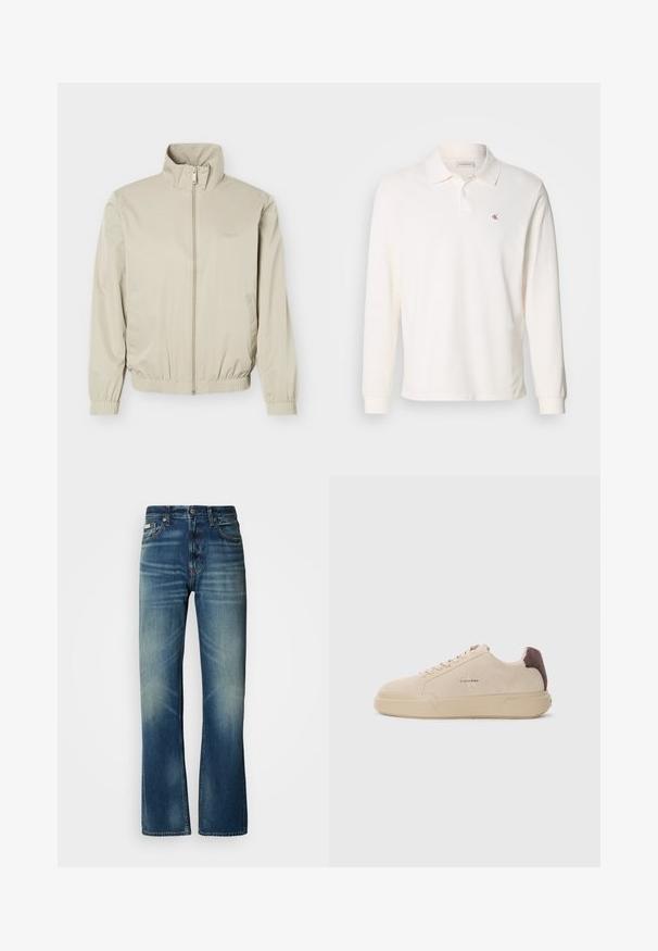 Beige letvægtsjakke med ståkrave, lynlås foran, elastiske manchetter og kant, med sidelommer og diskret logo på brystet.; Langærmet, cremefarvet polo lavet af bomuld, med en rød broderet logo på venstre bryst og et klassisk kravedesign.; Blå denim jeans med lige pasform, medium vask, blegede detaljer, fem lommer og knaplukning. Distinkt syning langs sømmen.; Beige ruskind sneakers med rund tå, snørret foran og en brun ruskindsdetalje på hælen. Har en tekstureret gummisål.