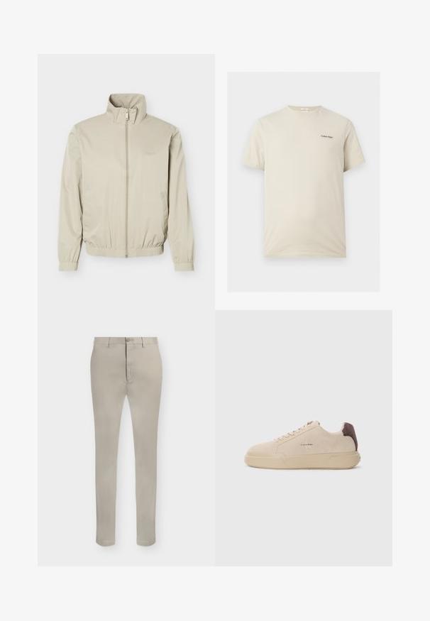 Veste légère beige avec col montant, fermeture éclair à l'avant, poignets et ourlet élastiques, dotée de poches latérales et d'un logo discret sur la poitrine.; T-shirt beige à manches courtes et col rond Calvin Klein avec petit logo noir sur la poitrine gauche.; Pantalon beige slim fit avec passants de ceinture, fermeture par bouton et braguette zippée, présenté sur fond blanc.; Baskets en daim beige avec un bout rond, lacets à l'avant et un accent en daim marron sur le talon. Dotées d'une semelle en caoutchouc texturé.