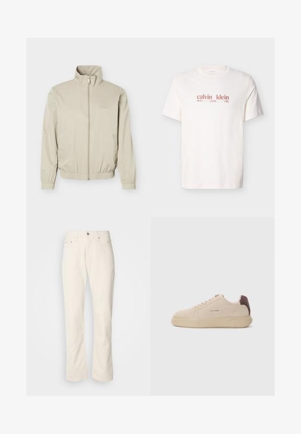 Beige painoinen kevyt takki, jossa pystypystykaulus, etuvetoketju, joustavat hihansuut ja helma, sivutaskut sekä hillitty logo rinnassa.; Valkoinen puuvillainen t-paita, jossa on punainen teksti "calvin klein new york city." Lyhyet hihat ja pyöreä pääntie.; Beige puuvillafarkut klassikalisella suoranlahkeisella muotoilulla, etupainikkeella suljettuna, viidellä taskulla ja hillityillä ompeluyksityiskohdilla.; Beige mokkasieni nahkakengät, joissa on pyöreä kärki, nauhakiinnitys edessä ja ruskea mokkasieni korostus kantapäässä. Varustettu tekstuurilla varustetulla kumipohjalla.