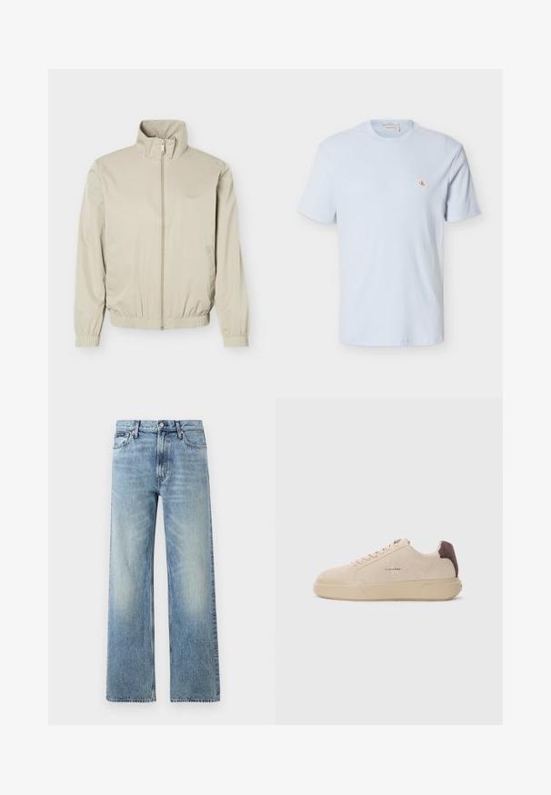 Beige lightweight jacket with stand collar, front zipper, elastic cuffs, and hem, featuring side pockets and subtle logo on chest.; Light blue short-sleeve waffle-knit t-shirt with crew neck and small red "CK" logo patch on left chest.; Light blue straight-leg denim jeans with a high waist, five pockets, button closure, and subtle fading on the thighs and knees.; Beige suede sneaker with rounded toe, lace-up front, and a brown suede accent on the heel. Features a textured rubber sole.