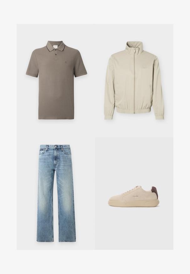 Beige letvægtsjakke med ståkrave, lynlås foran, elastiske manchetter og kant, med sidelommer og diskret logo på brystet.; Taupe kortærmet polo skjorte med krave trimmet i sort, to-knaps placket og lille broderet "cK" logo på venstre bryst.; Lyseblå denim jeans med lige ben, højt talje, fem lommer, knaplukning og diskrete falmede områder på lår og knæ.; Beige ruskind sneakers med rund tå, snørret foran og en brun ruskindsdetalje på hælen. Har en tekstureret gummisål.