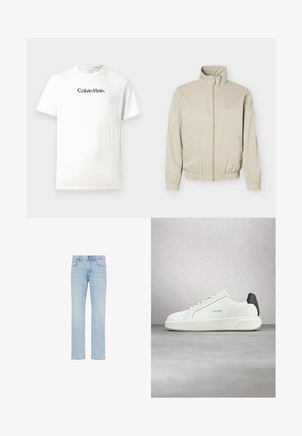Chaqueta beige ligera con cuello corto, cremallera frontal, puños y dobladillo elásticos, con bolsillos laterales y pequeño logo en el pecho.; Camiseta de algodón blanca con cuello redondo, mangas cortas y un logo morado de "Calvin Klein" impreso en el pecho.; Vaqueros de mezclilla azul claro de pierna recta con botón delantero, cierre de cremallera y diseño de cinco bolsillos, mostrados sobre fondo blanco.; Zapatillas blancas con parte superior de cuero liso, cordones planos y suela blanca elevada. Presentan un acento negro en el talón y logotipo en relieve.