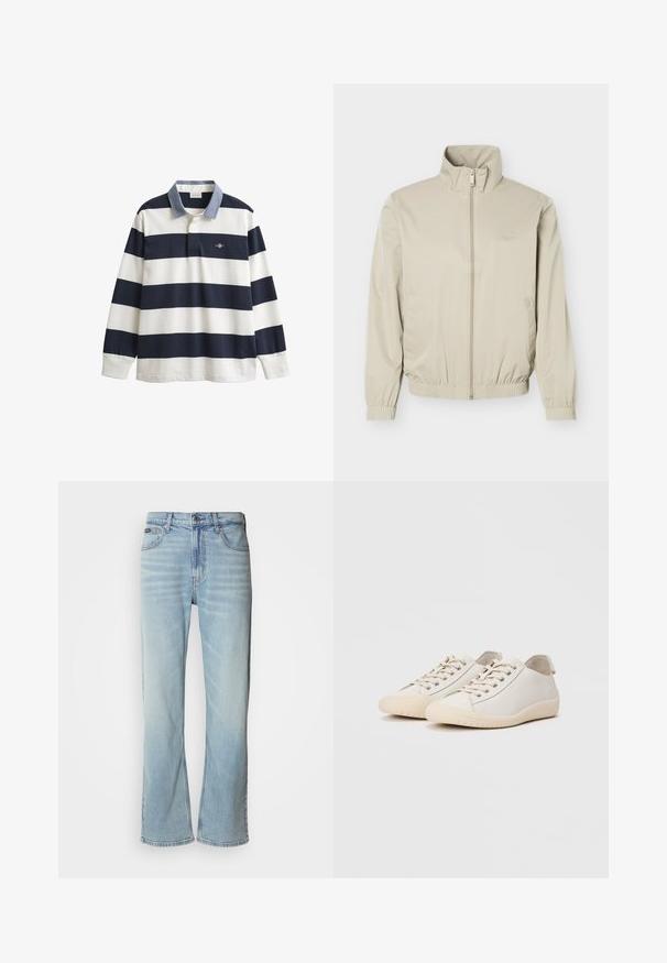 Veste légère beige avec col montant, fermeture éclair à l'avant, poignets et ourlet élastiques, dotée de poches latérales et d'un logo discret sur la poitrine.; Maillot de rugby à manches longues avec larges rayures horizontales bleu marine et blanc et un col bleu clair sur fond blanc.; Jeans en denim bleu clair avec une coupe droite, dotés de cinq poches, d'une fermeture à bouton et d'une légère décoloration sur le tissu.; Baskets blanches en cuir lisse avec des coutures ton sur ton, fermeture à lacets, bout arrondi et semelle en caoutchouc texturée.