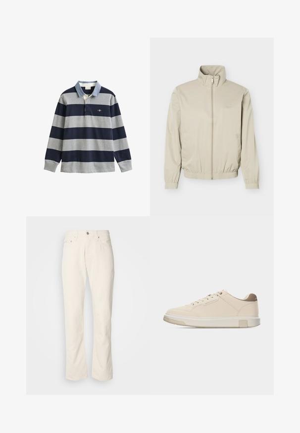 Veste légère beige avec col montant, fermeture éclair à l'avant, poignets et ourlet élastiques, dotée de poches latérales et d'un logo discret sur la poitrine.; Maillot de rugby à manches longues avec larges rayures horizontales bleu marine et grises, col bleu clair et petit logo sur la poitrine gauche.; Jeans en coton beige avec un design classique à jambe droite, comportant une fermeture à bouton à l'avant, cinq poches et des détails de couture subtils.; Baskets beige discrètes à lacets sur le devant, avec le logo « Armani Exchange » sur le côté et une semelle blanche rembourrée avec la marque « A|X ».