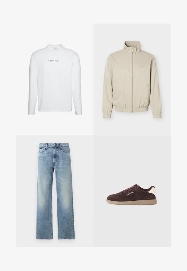 Chaqueta beige ligera con cuello corto, cremallera frontal, puños y dobladillo elásticos, con bolsillos laterales y pequeño logo en el pecho.; Camiseta blanca de manga larga con cuello redondo con "Calvin Klein" impreso en negro centrado en el pecho.; Vaqueros de mezclilla azul claro de corte recto con cintura alta, cinco bolsillos, cierre de botón y sutil desgaste en los muslos y las rodillas.; Zapatillas de ante marrón con un acento en el talón de color beige claro, presentan un logotipo blanco en el lateral, punta redonda y suela de goma beige.