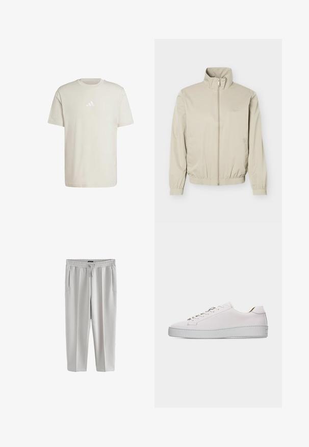 Beige letvægtsjakke med ståkrave, lynlås foran, elastiske manchetter og kant, med sidelommer og diskret logo på brystet.; Lys beige bomulds t-shirt med rund halsudskæring og korte ærmer. Har et lille, tonet Adidas-logo på brystet. Blød tekstur, klassisk pasform.; Lys grå sweatpants lavet af glat stof, med elastisk talje og snor, samt to sidelommer.; Hvid lædersneaker med lavt snit, hvide snørebånd, flad, tekstureret gummisål og minimal syning, vist fra ydersiden på en hvid baggrund.
