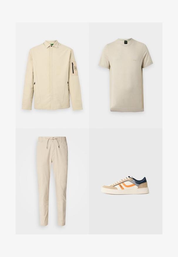 Beige jakke med skjult frontlynlås, trykknapkrave, lynlåslommer og en lynlåslomme med BOSS-logo på venstre ærme.; Beige T-shirt med korte ærmer og rund hals, med subtil tekstur og lille præget "BOSS"-logo på venstre bryst.; Lys beige bukser med en glat stoftekstur, elastisk talje og justerbar snor. Taperet ben-design. Ingen synlige mønstre.; Low-top sneaker i beige, hvid, orange, grå og marineblå med ruskindsdetaljer, snørelukning foran, hvid sål og "BOSS"-branding på siden.
