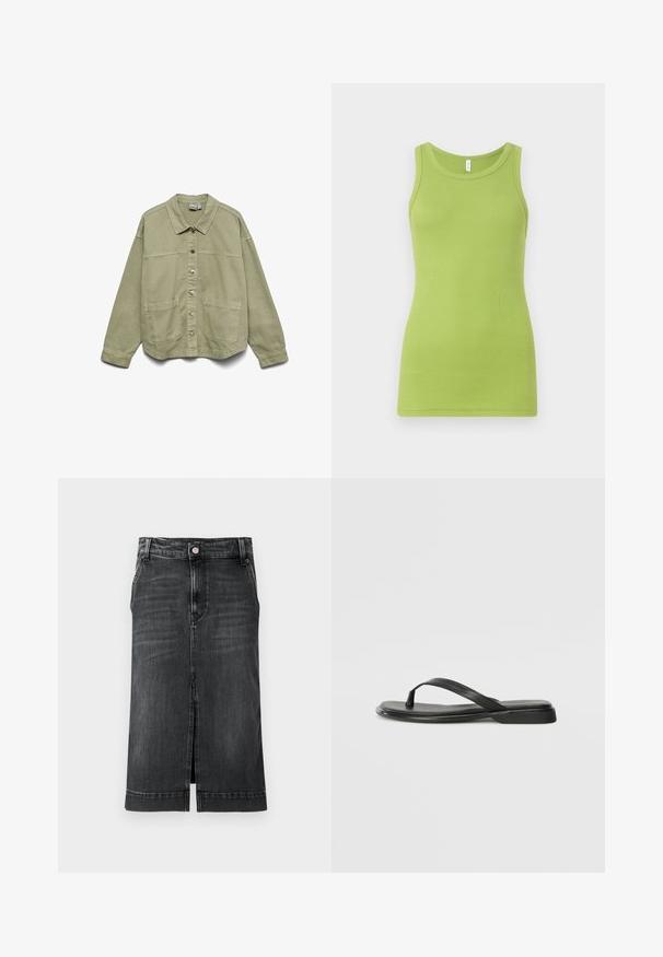 Lys olivengrøn afslappet jakke med knapper foran, to store forlommer, lange ærmer og en klassisk krave.; Grøn tanktop lavet af ribbet bomuld, med rund halsudskæring og ærmeløs design. Glat tekstur med en tætsiddende form.; Mørk denimnederdel med lige snit, knælang, med forkert split og klassisk fem-lommer design. Har en knaplukning og bæltestropper.; Sorte flip-flops lavet af glat læder, med et tyndt remdesign og en flad sål med et minimalt profil. Ingen bemærkelsesværdige mønstre eller accenter.