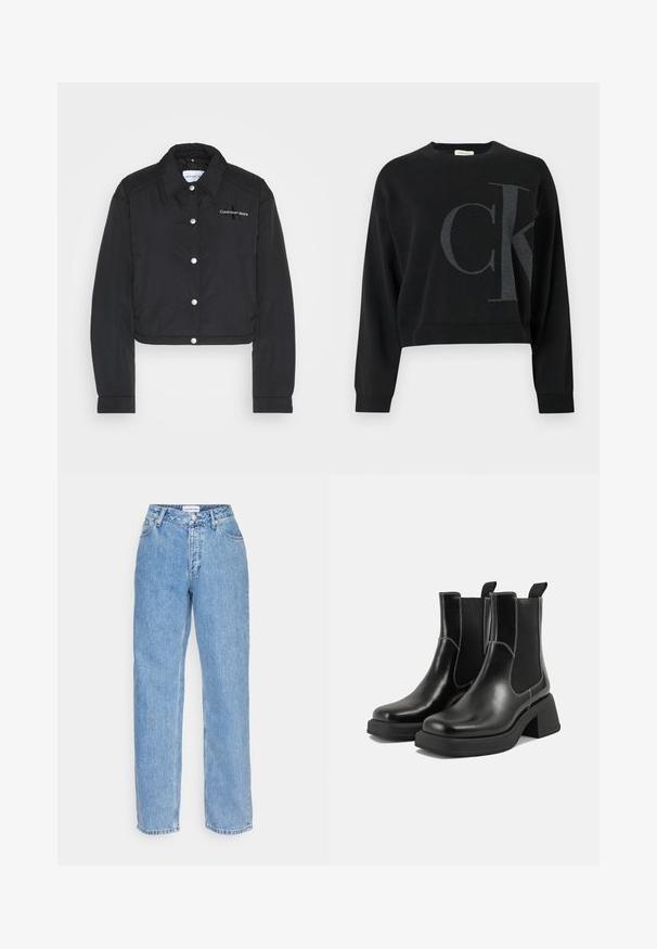 Calvin Klein Jeans CROPPED COACH JACKET - Veste mi-saison - black; Pull court noir avec un grand logo "CK" gris sur le devant. Confectionné dans un tissu doux et texturé avec des poignets côtelés.; Jean en denim bleu clair avec une coupe droite, dotés d'une fermeture à bouton et à glissière, de cinq poches et d'une taille mi-haute.; Bottes Chelsea en cuir noir avec un talon épais, des panneaux latéraux élastiques et des coutures blanches contrastantes. Fini texturé.
