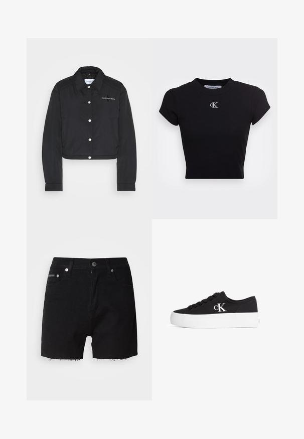 Calvin Klein Jeans CROPPED COACH JACKET - Kerge jope - black; Must must cropped t-särk, mis on valmistatud ribakangas, lühikeste varrukate ja ümmarguse kaelusega. Rinnale on tikitud valge "ck" logo.; Mustast denimist lühikesed püksid, lõhiku servaga, kahe esikotiga, nööbi ja lukuga, ning Calvin Kleini logo vöökohtadel.; Mustad madala säärega lõuendjalats paksu valge platvormpõhjaga ja valge "cK" logoga küljel, paeltega kinni seotud, näidatud paremalt küljelt.