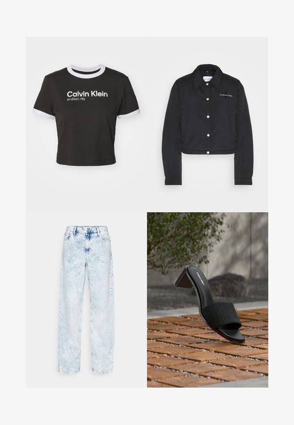 Calvin Klein Jeans CROPPED COACH JACKET - Ľahká bunda - black; Ostrihnuté čierne tričko s bielym obšitím výstrihu a rukávov. Na tričku je vytlačené "Calvin Klein" a "endless city" v bielej farbe. Vyrobené z jemnej bavlny.; Calvin Klein Jeans 90'S STRAIGHT - Džínsy s rovným strihom - denim light; Čierne otvorené mule Calvin Klein s hrubým podpätkom na drevenej dlažbe, vonkajšie prostredie s rozmazanou zeleňou a betónovým pozadím.
