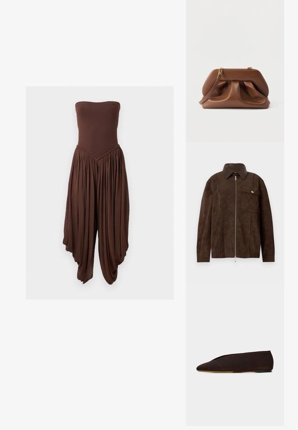 Veste en daim marron foncé avec fermeture éclair devant, large col, ourlet élastique et grande poche à rabat avec bouton sur le côté droit de la poitrine.; Combinaison marron sans bretelles avec corsage ajusté et pantalons larges, drapés et plissés créant une silhouette fluide.; Chaussure plate en daim marron foncé avec un bout pointu et un petit talon, présentée en profil latéral sur un fond blanc.; Pochette en cuir marron avec design froncé, quincaillerie dorée et bracelet amovible, sur fond blanc.