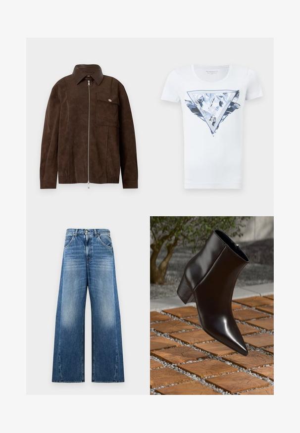 Mørkebrun ruskindjakke med lynlås foran, bred krave, elastisk skørt og stor klaplomme med knap på højre side af brystet.; Hvid T-shirt med korte ærmer med et blåt og sølvfarvet skinnende trekantet Guess USA-logo og fjerdesign på forsiden.; Blå vidde denim jeans med høj talje, falmede forside lår områder, forlommer, knap lukning og bæltestropper på en hvid baggrund.; Sort læder ankelstøvle med spids tå, blokhæl og glat tekstur, placeret over en overflade af træ og grus.