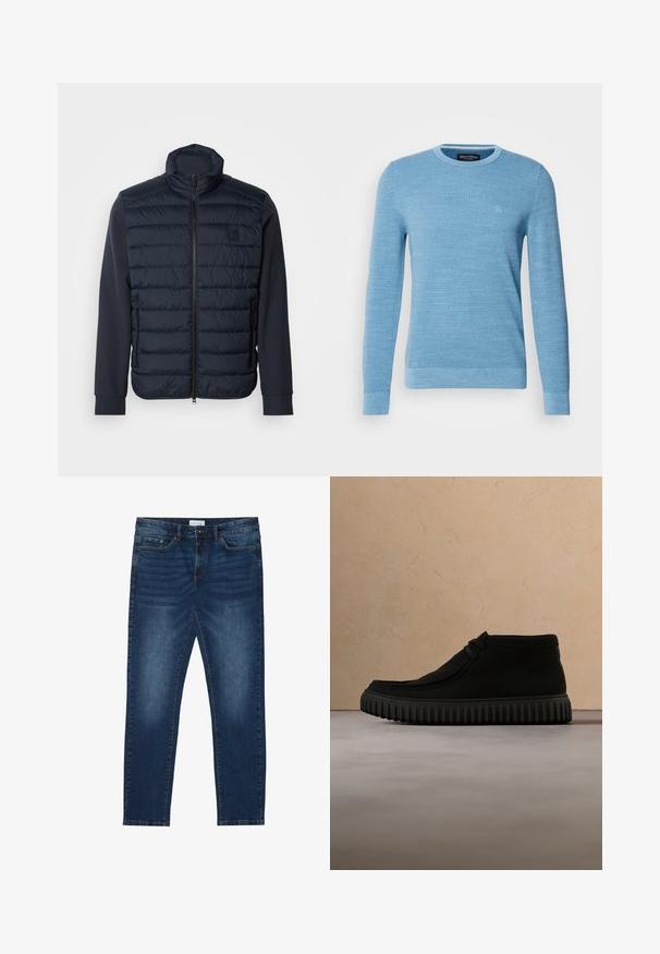 Marineblå polstret jakke med høj krave, lynlåslukning og sidelommer. Har quiltet front og glatte ærmer, fremstillet af syntetisk materiale.; Lysblå strikket sweater med rund halsudskæring, lange ærmer og ribbede manchetter. Har et diskret logo på brystet. Blød tekstur.; Mørkeblå slim-fit jeans med falmede detaljer, klassisk fem-lomme design, knappelukning og bæltestropper.; Sorte ankelstøvler lavet af blødt materiale, med rund tå, minimal snøring og en tekstureret gummisål med lodrette riller.