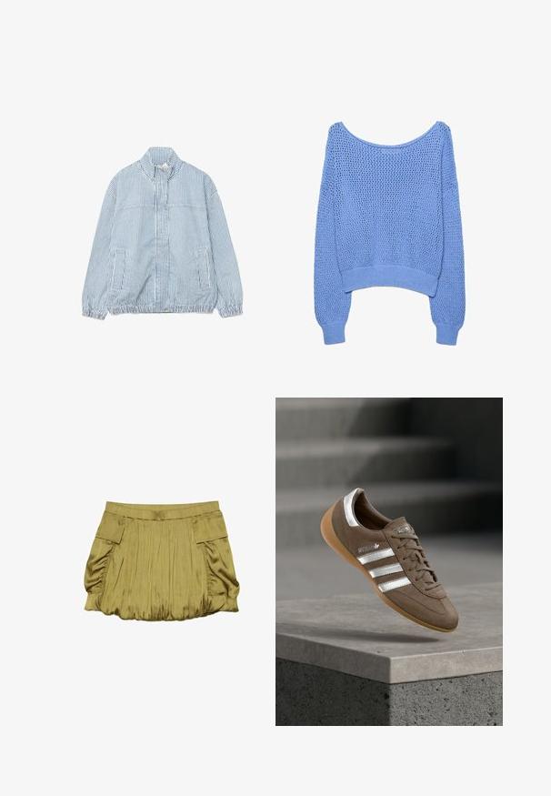 Veste zippée à rayures verticales bleu clair et blanches, avec col haut, poignets élastiques, deux poches latérales et ourlet élastique.; Pull en maille bleu clair à manches longues avec motif ajouré, poignets côtelés, ourlet et large encolure sur fond blanc.; Jupe courte vert olive avec tissu froncé, taille élastique et deux poches à rabat sur les côtés.; Baskets en daim marron avec des rayures blanches et des accents argentés, dotées d'une tige texturée, d'un système de laçage et d'une semelle en caoutchouc gomme.