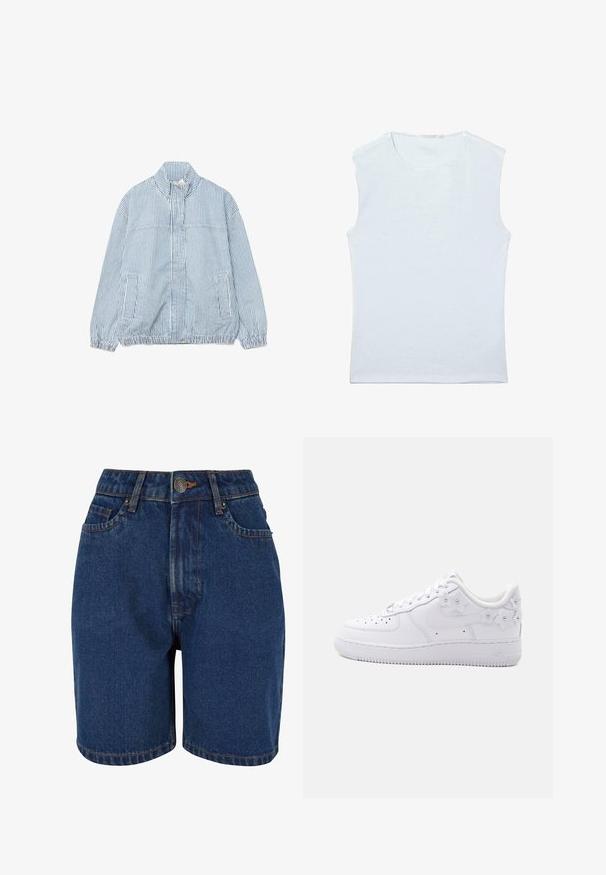 Lichtblauwe en witte verticale gestreepte jas met rits, hoge kraag, elastische manchetten, twee zijzakken en elastische zoom.; Mouwloos wit katoenen singletje met ronde hals en een eenvoudig, effen ontwerp.; Denim shorts in een donkerblauwe kleur, met een hoge taille, een vijf-pocket ontwerp en contrasterende oranje stiksels. De stof lijkt textuur te hebben.; Witte lage sneaker met geperforeerde neus, Nike-logo en decoratieve witte bloemmotieven op de hiel en zijkant.