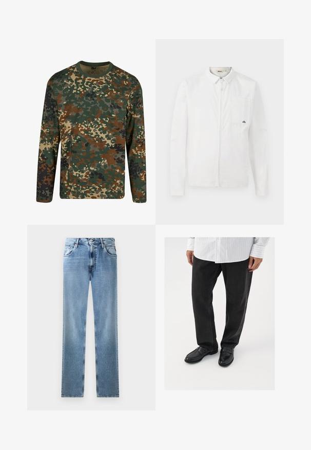 Weißes Langarmjacke mit vollem Frontreißverschluss, Kragen, Brusttasche mit kleinem Logo und einem klaren, minimalistischen Design.; Langärmliges Camouflage-T-Shirt in Grün, Braun und Beige mit einem runden Ausschnitt. Es verfügt über ein gemischtes Muster aus unregelmäßigen Flecken und Texturen.; Helle blaue Denim-Jeans mit geradem Bein, Taschen, Kupferriegeln und Knopfverschluss. Sie zeichnen sich durch ein verblasstes Design und einen sauberen Saum aus.; Schwarze Jeans kombiniert mit glänzenden schwarzen Slippern. Das Hemd ist weiß mit dünnen vertikalen Streifen, hat lange Ärmel und einen geknöpften Kragen.