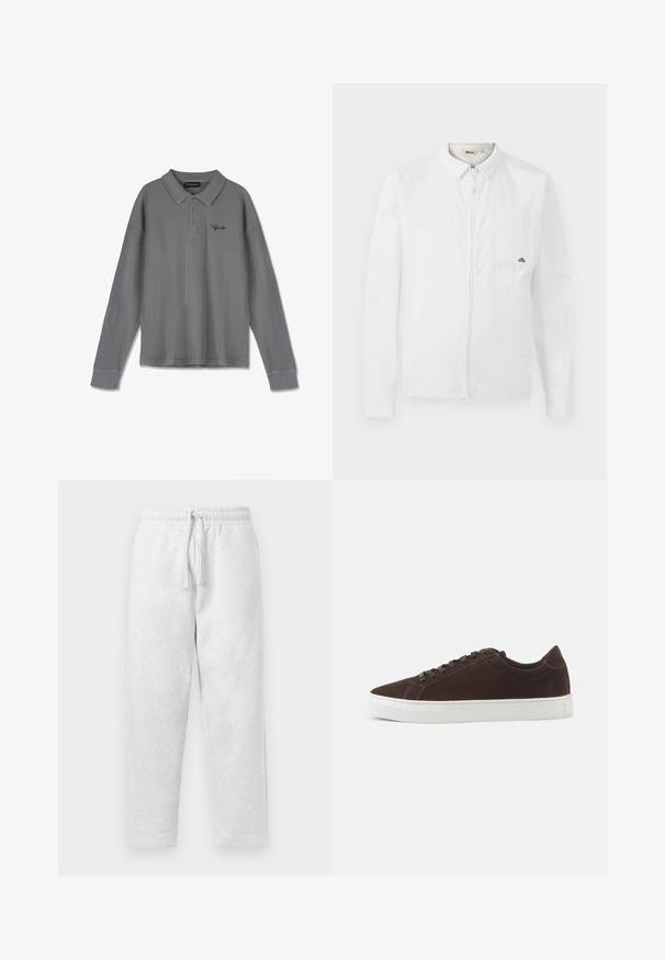 Valge pika varrukaga jakk täispika tõmblukuga, krae, rinna-tasku väikese logoga ning puhas, minimalismiga disain.; Pikem varrukaga polo särk triibulises hallis kangas. Omab kraed, kolme nupuga lipsu ja diskreetset musta brändimist rinnal.; Kerged hallid dressipüksid pehmest kangast, elastse vöökoha ning paelaga, omades mugavat lõike.; Tumepruun seemisnahast madala säärega toss, millel on sobivad paelad ja paks valge kummist tallaga, külje pealt tavalise tausta ees.