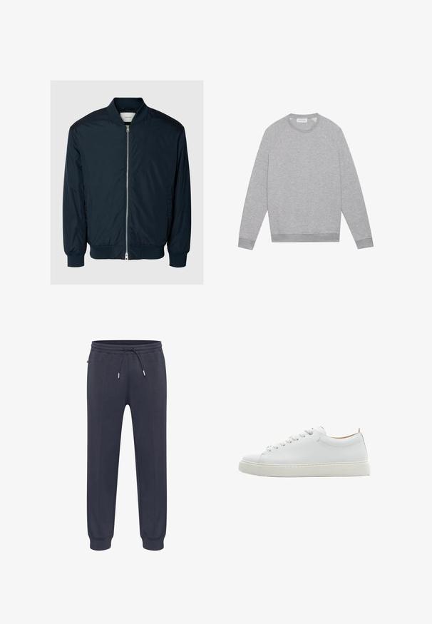 Chaqueta bomber azul marino con cremallera frontal, cuello, puños y dobladillo acanalados, mostrada sobre un fondo gris claro liso.; Sudadera de cuello redondo de manga larga color gris claro con puños y dobladillo acanalados, presentada plana sobre un fondo liso.; Pantalones deportivos de color azul marino oscuro con cintura elástica, cordón ajustable, bolsillos laterales y puños ajustados. Hechos de un material suave y ligero.; Zapatilla blanca de cuero de corte bajo con cordones blancos, costuras mínimas y una suela gruesa de goma blanca sobre un fondo blanco.