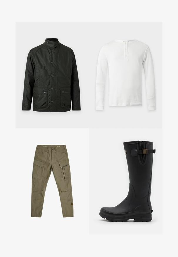 Dunkelgrüne, leichte Jacke mit hohem Kragen, Druckknopfverschluss, zwei Fronttaschen und dezent strukturiertem Stoff. Akzentuiert mit Markenlogo.; Weißes Thermo-Langarmshirt mit rundem Ausschnitt und Drei-Knopf-Leiste, flach auf hellem Hintergrund präsentiert.; Olivgrüne Cargo-Hosen aus strapazierfähigem Stoff, mit mehreren Taschen, einer Reißverschlusstasche auf der Vorderseite und verstärkten Nähten. Größe 32/34.; Barbour TEMPEST TALL WELLY - Gummistiefel - black