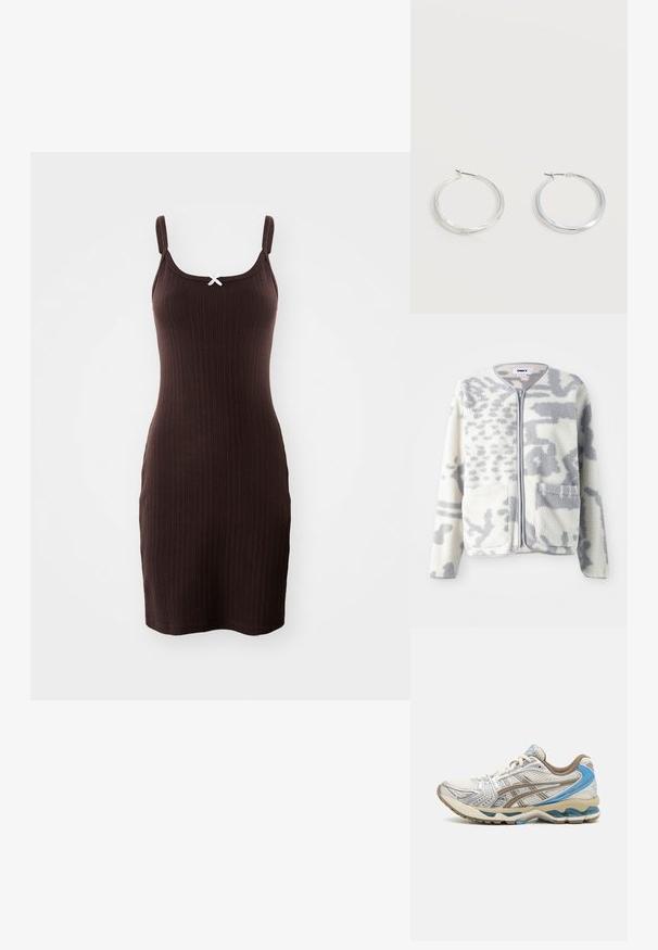 Fleecejacke in Creme und Grau mit einem Reißverschluss, zwei Vorderseiten Taschen und einer weichen, strukturierten Oberfläche mit einem dezenten abstrakten Muster.; Braunes geripptes Kleid mit dünnen Trägern und einer dekorativen weißen Schleife am Ausschnitt. Das Design hat eine taillierte Silhouette und einen knielangen Saum.; Weißer und beiger Laufschuh mit blauen Akzenten, Mesh-Obermaterial, gepolsterter Sohle und Schnürdesign, von der Außenseite gezeigt.; Silberne Metallcreolen mit glatter, leicht gebogener Oberfläche und Klappverschluss vor schlicht weißem Hintergrund.