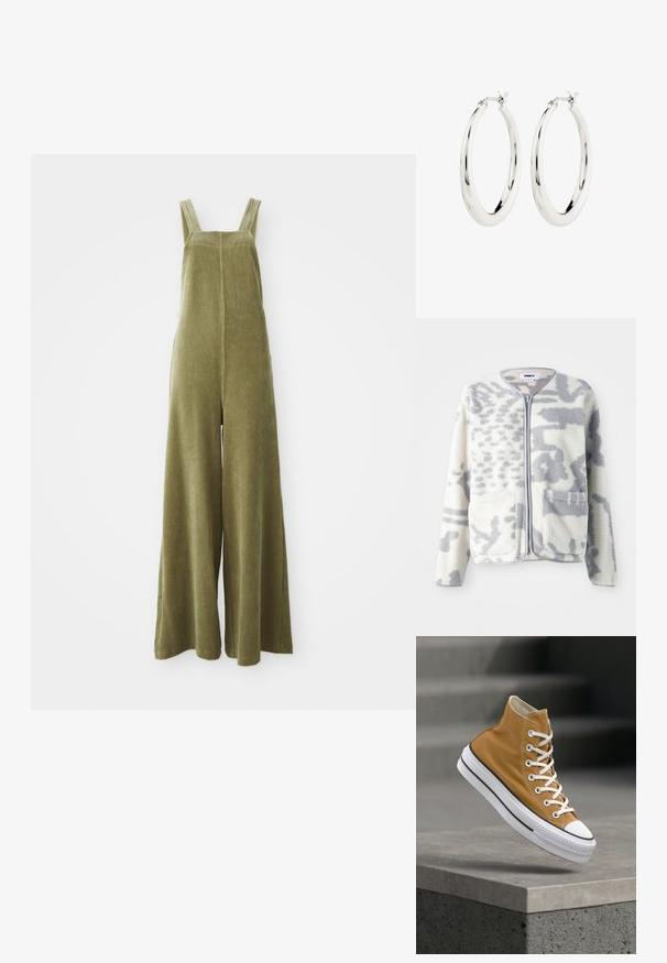 Chaqueta de forro polar en crema y gris con cierre de cremallera, dos bolsillos frontales y una superficie suave y texturizada con un sutil patrón abstracto.; Pantalones de peto de pana verde oliva con piernas anchas, tirantes ajustables y una superficie texturizada. Diseño simple, sin patrones visibles ni herrajes.; Zapatilla de caña alta en lona color mostaza con cordones blancos, puntera de goma y suela blanca texturizada con rayas negras.; Pendientes de aro de plata con un acabado suave y brillante. Forma circular, con un cierre seguro. Diseño sencillo y elegante.