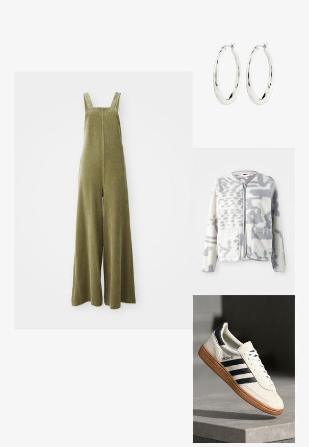 Fleecejacke in Creme und Grau mit einem Reißverschluss, zwei Vorderseiten Taschen und einer weichen, strukturierten Oberfläche mit einem dezenten abstrakten Muster.; Olivgrüne Corduroy-Overalls mit weitem Bein, verstellbaren Trägern und einer strukturierten Oberfläche. Einfaches Design, keine sichtbaren Muster oder Beschläge.; Weiße Wildleder-Sneaker mit marineblauen Streifen, Gummisohle, strukturiertem Obermaterial, runder Zehenform und Schnürung; mit Branding an der Seite und auf der Zunge.; Silberne Creolen mit einer glatten, glänzenden Oberfläche. Kreisform, ausgestattet mit einem sicheren Verschluss. Einfaches und elegantes Design.