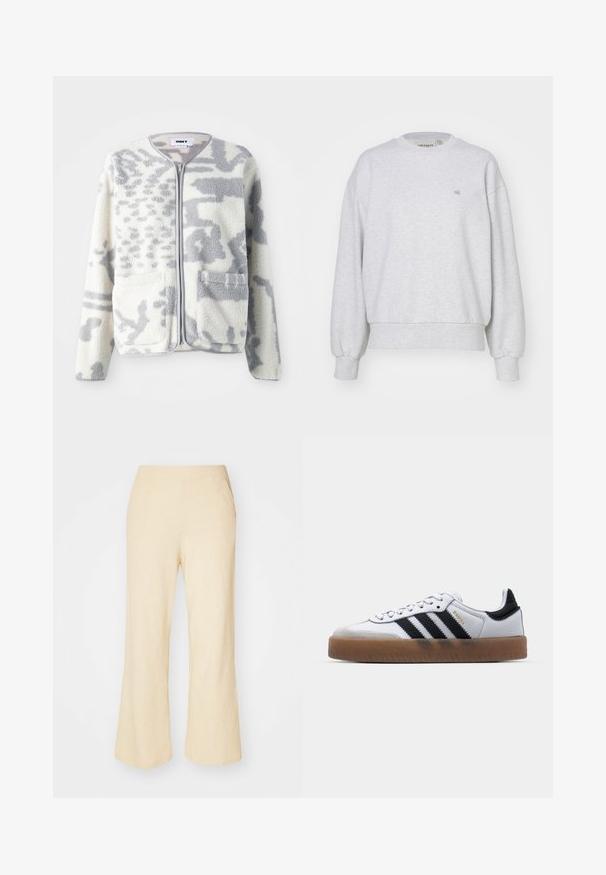 Veste en polaire crème et gris avec fermeture éclair, deux poches avant et une surface douce et texturée arborant un subtil motif abstrait.; Carhartt WIP CASEY - Sweatshirt - ash heather/silver; Pantalons large en beige clair avec un tissu texturé, dotés d'une taille élastique et de deux poches latérales.; Baskets en cuir blanc avec des rayures noires, semelle extérieure en caoutchouc beige, bout rond, fermeture lacée et embout en suède gris doux.
