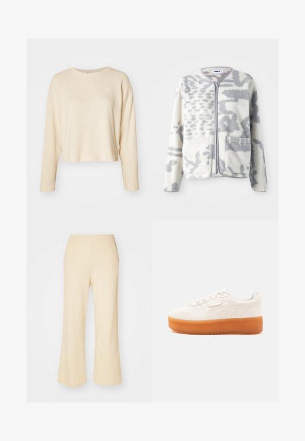 Fleecejakke i crème og grå med lynlås, to forlommer og en blød, struktureret overflade med et subtilt abstrakt mønster.; Cremefarvet cropped sweater med lange ærmer, lavet af tekstureret stof. Har et lille, diskret logo på brystet og en rund halsudskæring.; Lys beige brede bukser i et tekstureret stof med en strækbar talje og to sidelommer.; Hvid lavtop-sneaker med snøre- og velcrolukning, med en tyk lys brun sål og subtile sidesømme.