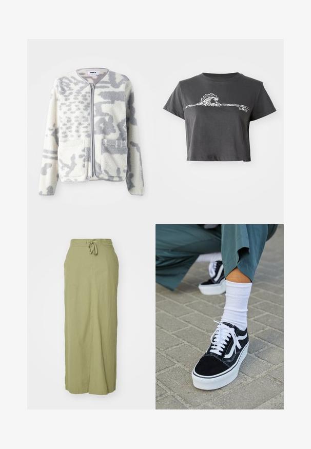 Fleecejakke i crème og grå med lynlås, to forlommer og en blød, struktureret overflade med et subtilt abstrakt mønster.; Mørkegrå cropped T-shirt med hvid stiliseret bølge, palmetræ grafik og "ROXY" tekst på forsiden.; Oliven grøn linned maxi-nederdel med snoretræk i taljen, lige silhuet, sidelommer og en glat tekstur.; Sorte ruskinds sneakers med hvide accenter og snørebånd, der har en tyk hvid sål og kontrasterende syninger, parret med en hvid sok.