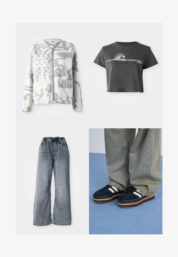 Fleecejacke in Creme und Grau mit einem Reißverschluss, zwei Vorderseiten Taschen und einer weichen, strukturierten Oberfläche mit einem dezenten abstrakten Muster.; Dunkelgraues, kurzes T-Shirt mit stilisierter Welle, Palmen-Grafik und dem Text "ROXY" auf der Vorderseite.; Graue weit geschnittene Jeanshose aus Denim mit elastischem Bund, Kordelzugverschluss und Seitentaschen. Ausgeblichener Stoff mit durchgehendem Texturmuster.; Dunkelblaue Wildleder-Plattform-Sneaker mit weißen Streifen und schwarzen Schnürsenkeln. Mit einer dicken braunen Gummisohle ausgestattet. Tragen Sie sie mit hellblauen Jeans.