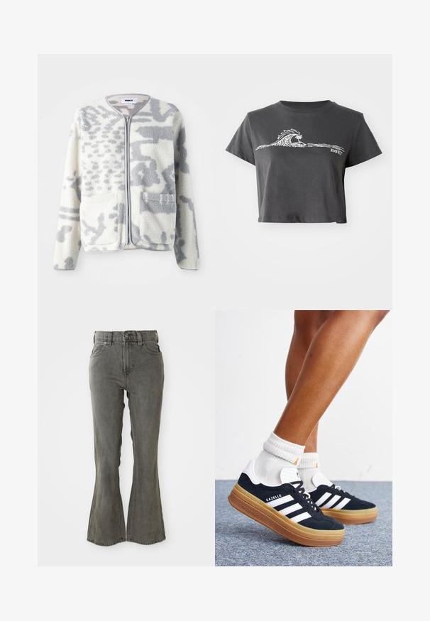 Kreemjas ja hallis fliiskrae, millel on tõmblukk, kaks eesmist taskut ja pehme, tekstuuriga pind, millel on peene abstraktne muster.; Tumehall cropped T-särk valge stiliseeritud laine, palmi ja "ROXY" tekstiga ees.; Laienevad hallid teksapüksid, kõrge vöökoht, vöökohad, viis taskut ning pehme, tekstuuriga kangaste viimistlus.; Jalad valgete sokkide ja mustade Adidas Gazelle tossudega, millel on valged triibud ja paksud pruunid tallad, halli vaibaga põrandal.