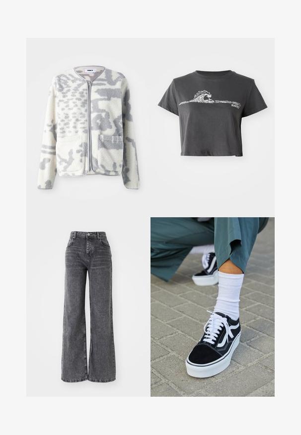 Fleecejakke i crème og grå med lynlås, to forlommer og en blød, struktureret overflade med et subtilt abstrakt mønster.; Mørkegrå cropped T-shirt med hvid stiliseret bølge, palmetræ grafik og "ROXY" tekst på forsiden.; Bredde ben grå denim bukser med høj talje, der har traditionel fem-lomme styling og en subtil falmet finish.; Sorte ruskinds sneakers med hvide accenter og snørebånd, der har en tyk hvid sål og kontrasterende syninger, parret med en hvid sok.