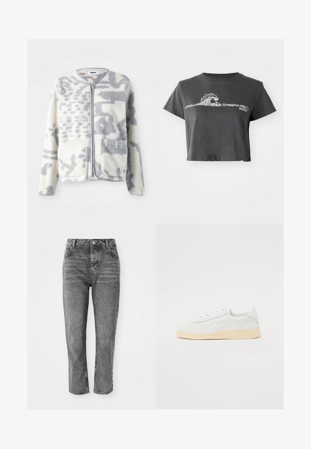 Veste en polaire crème et gris avec fermeture éclair, deux poches avant et une surface douce et texturée arborant un subtil motif abstrait.; T-shirt noir chiné court avec un graphisme de vague stylisée, un palmier et le texte "ROXY" sur le devant.; Jeans en denim gris à taille haute, coupe droite, avec des poches avant et un petit détail de bouton en métal à la ceinture.; Baskets avec une tige en synthétique blanc, design perforé, lacets plats et semelle en caoutchouc crème. Présente un logo sur le talon et le côté.
