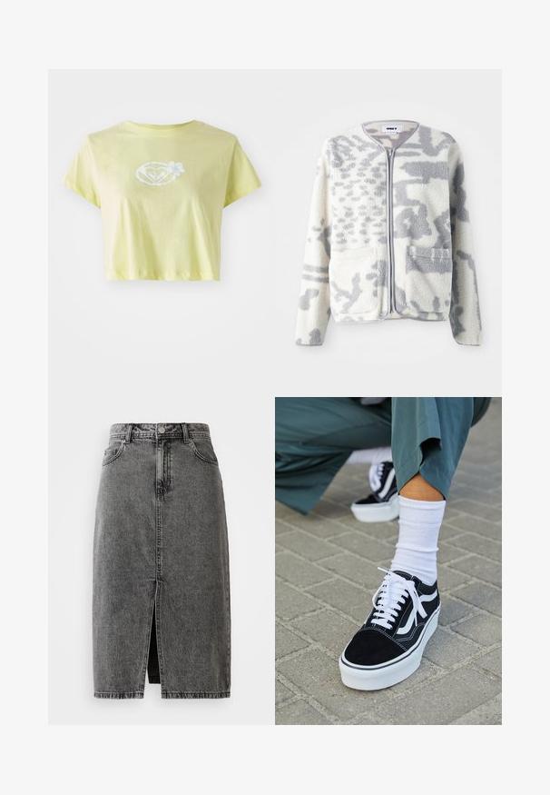Fleecejakke i crème og grå med lynlås, to forlommer og en blød, struktureret overflade med et subtilt abstrakt mønster.; Lysegul, kortærmet T-shirt lavet af bomuld. Har et hvidt blomstermotiv i midten af en hjerteform på forsiden.; Højtaljet, falmet sort denim midi-nederdel med en frontslids, bæltesløjfer og klassisk fem-lomme design.; Sorte ruskinds sneakers med hvide accenter og snørebånd, der har en tyk hvid sål og kontrasterende syninger, parret med en hvid sok.