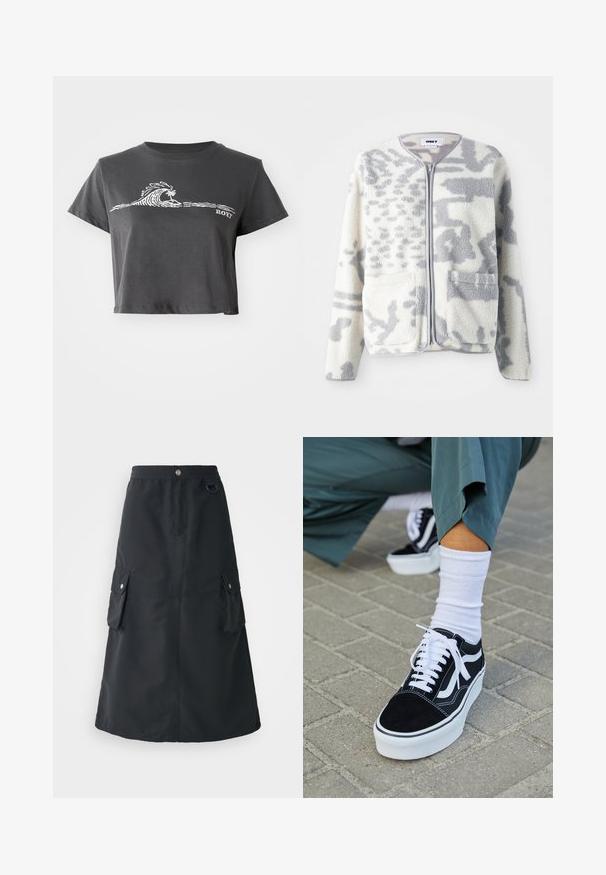 Fleecejacke in Creme und Grau mit einem Reißverschluss, zwei Vorderseiten Taschen und einer weichen, strukturierten Oberfläche mit einem dezenten abstrakten Muster.; Dunkelgraues, kurzes T-Shirt mit stilisierter Welle, Palmen-Grafik und dem Text "ROXY" auf der Vorderseite.; Schwarzer Mid-Calf-Rock aus leichtem Stoff, mit elastischem Bund, zwei Cargo-Taschen und einem dezenten Glanz.; Schwarze Wildledersneaker mit weißen Akzenten und Schnürsenkeln, ausgestattet mit einer dicken weißen Sohle und kontrastierenden Nähten, kombiniert mit einer weißen Socke.