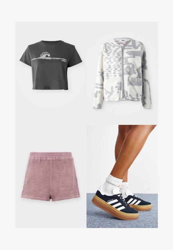 Fleecejakke i crème og grå med lynlås, to forlommer og en blød, struktureret overflade med et subtilt abstrakt mønster.; Mørkegrå cropped T-shirt med hvid stiliseret bølge, palmetræ grafik og "ROXY" tekst på forsiden.; Vaflet teksturerede, lyserøde shorts med elastisk talje og en afslappet pasform. Omsyede kanter uden lommer.; Ben iført hvide sokker og sorte Adidas Gazelle sneakers med hvide striber og tykke brune såler på et gråt tæppe.