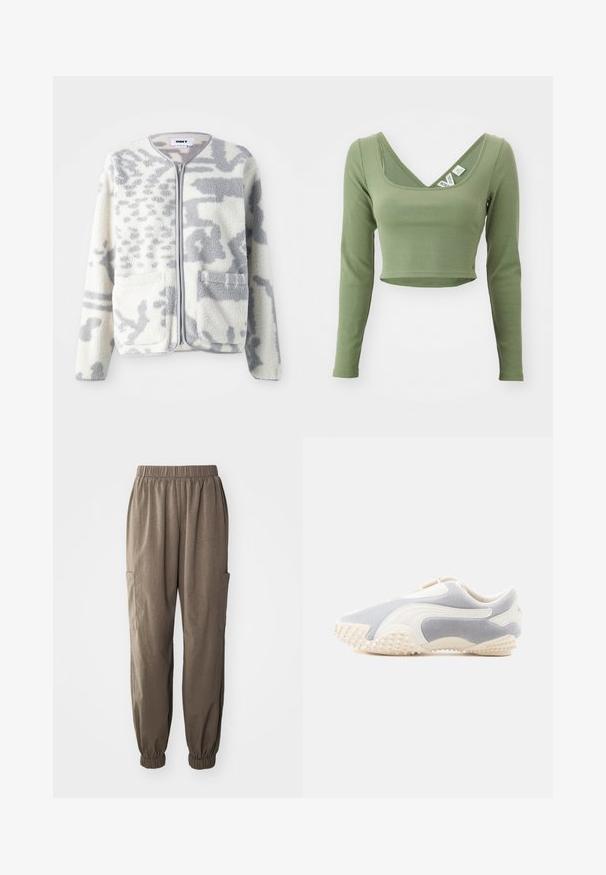 Fleecejakke i crème og grå med lynlås, to forlommer og en blød, struktureret overflade med et subtilt abstrakt mønster.; Khaki grøn, langærmet cropped top med ribbet tekstur og bred udskæring. Mærker synlige ved kraven.; Løs pasform cargo bukser i brunt stof, med elastisktalje, samlet manchetter og sidelommer for funktionalitet.; Sportsko i lys grå ruskind med hvide læderdetaljer. Har en tekstureret sål med små pigge for bedre greb. Slip-on design.