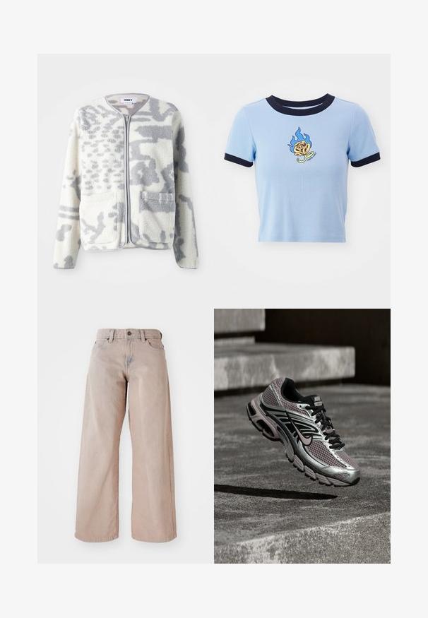 Fleecejacke in Creme und Grau mit einem Reißverschluss, zwei Vorderseiten Taschen und einer weichen, strukturierten Oberfläche mit einem dezenten abstrakten Muster.; Hellblaues kurzärmeliges Crop-Top mit navyfarbenem geripptem Kragen. Mit einer flammenbestickten gelben Rose und darunterstehendem Text. Weicher Stoff.; Beige weit geschnittene Jeans mit hohem Bund, Fünf-Taschen-Design und Knopfverschluss. Der Stoff hat eine weiche Textur und eine leichte Ausbleichung an der Vorderseite.; Nike Air Max Laufschuh mit silbernem, schwarzem und lila Mesh, in der Luft schwebend über einer Betonfläche und Treppen.