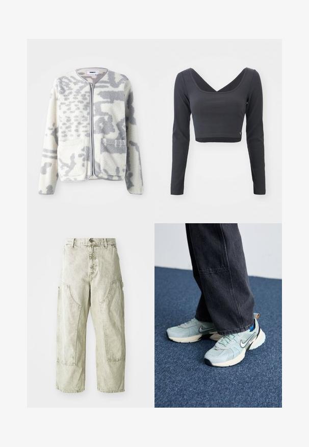 Fleece jacket in crème en grijs met een ritssluiting, twee voorkeurszakken en een zachte, gestructureerde oppervlakte met een subtiel abstract patroon.; Langermige, cropped top van donkergrijze ribstof. Kenmerkt zich door een diepe V-halslijn en een effen kleur met een klein logo aan de zoom.; Lichtgroene wijd gesneden cargobroek van denim, met grote zijzakken, een knoop- en ritsluiting en zichtbare stikdetails.; Lichtblauwe Nike sneakers van mesh met een textuurafwerking, zwarte swoosh en crèmekleurige tussenzool, gecombineerd met donkergrijze wijde broek.