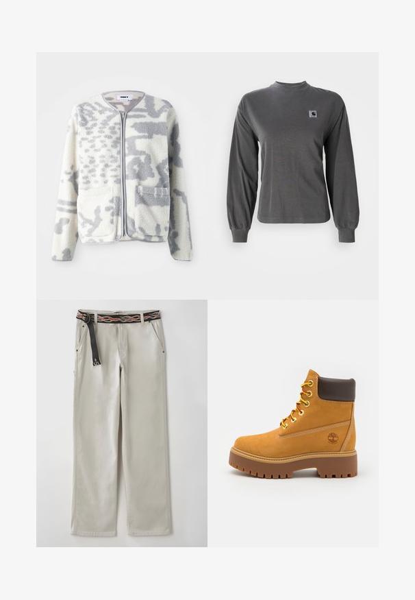Veste en polaire crème et gris avec fermeture éclair, deux poches avant et une surface douce et texturée arborant un subtil motif abstrait.; T-shirt à manches longues gris en coton, avec un col rond et des poignets élastiques, arborant un petit logo carré sur la poitrine.; Pantalons larges gris clair avec une ceinture noire ornée de motifs de flammes orange. Fabriqués en coton, avec des poches latérales et une silhouette décontractée.; Bottine chevauchant la cheville en tan imperméable avec une semelle en caoutchouc robuste, un bout rond, un col en cuir brun, des lacets jaunes et un logo sur le côté.