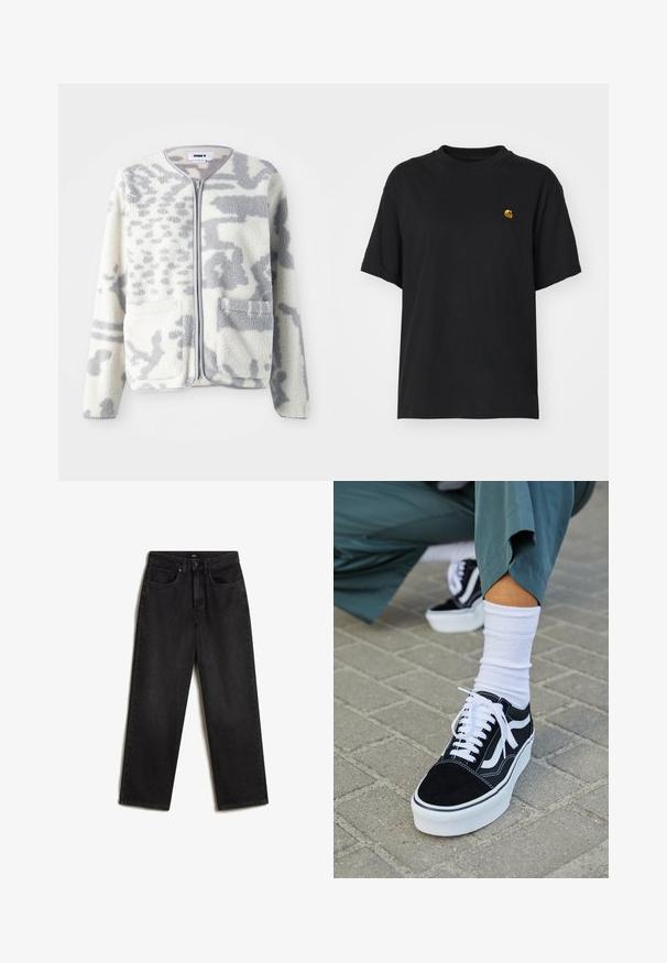 Fleecejakke i crème og grå med lynlås, to forlommer og en blød, struktureret overflade med et subtilt abstrakt mønster.; Sort bomulds T-shirt med en afslappet pasform. Har en rund halsudskæring og korte ærmer. Inkluderer et lille guld broderet logo på brystet.; Vans SIRELLE 5 POCKET PUDDLE TROUSERS, - Jeans Straight Leg - black; Sorte ruskinds sneakers med hvide accenter og snørebånd, der har en tyk hvid sål og kontrasterende syninger, parret med en hvid sok.
