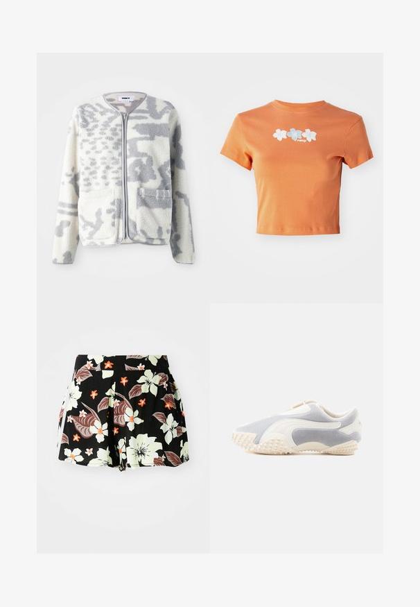 Fleece jacket in crème en grijs met een ritssluiting, twee voorkeurszakken en een zachte, gestructureerde oppervlakte met een subtiel abstract patroon.; Korte, gecropte oranje t-shirt van katoen met korte mouwen, voorzien van witte en lichtblauwe geborduurde bloemen over de voorkant.; Zwarte bloemenkorte broek met grote lichtgroene en oranje bloemen en donkere bladeren, geplooid ontwerp, met zijzakken.; Sportschoen in lichtgrijs suede met witte leren accenten. Heeft een gestructureerde zool met kleine spikes voor grip. Instapontwerp.