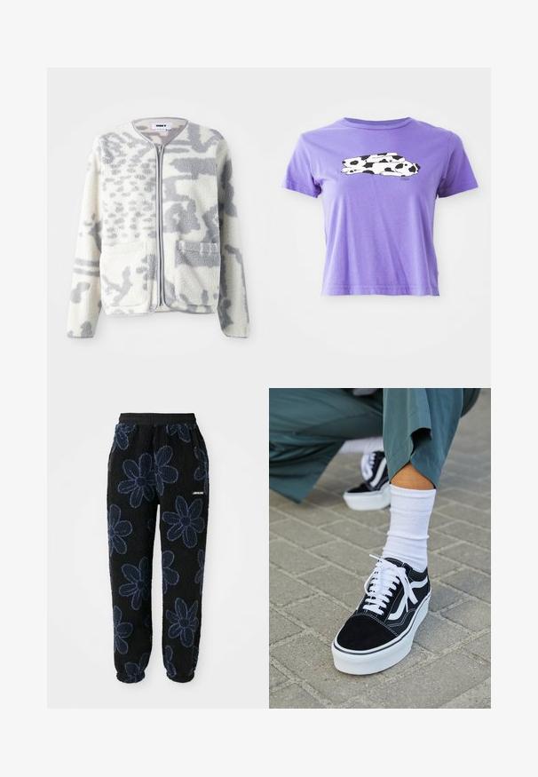 Fleecejakke i crème og grå med lynlås, to forlommer og en blød, struktureret overflade med et subtilt abstrakt mønster.; Lilla bomulds T-shirt med et sort-hvidt ko grafisk design. Korte ærmer og en afslappet pasform med rund halsudskæring.; Fleece joggers med sort baggrund og mørkeblå blomsterdesign. Har en elastisk talje og sidelommer. Blød tekstur.; Sorte ruskinds sneakers med hvide accenter og snørebånd, der har en tyk hvid sål og kontrasterende syninger, parret med en hvid sok.