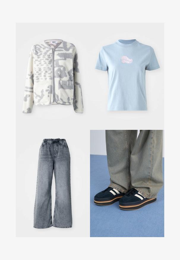 Fleecejakke i crème og grå med lynlås, to forlommer og en blød, struktureret overflade med et subtilt abstrakt mønster.; Lyseblå bomulds T-shirt med korte ærmer og høj halsudskæring, prydet med et lille pink broderet skaldesign på forsiden.; Grå jeans med brede ben, elastisk talje, snøre lukning og sidelommer. Bleget tekstur over hele stoffet.; Mørkeblå ruskinds-platform sneakers med hvide striber og sorte snørebånd. Har en tyk brun gummisål. Bæres med lyseblå denimbukser.