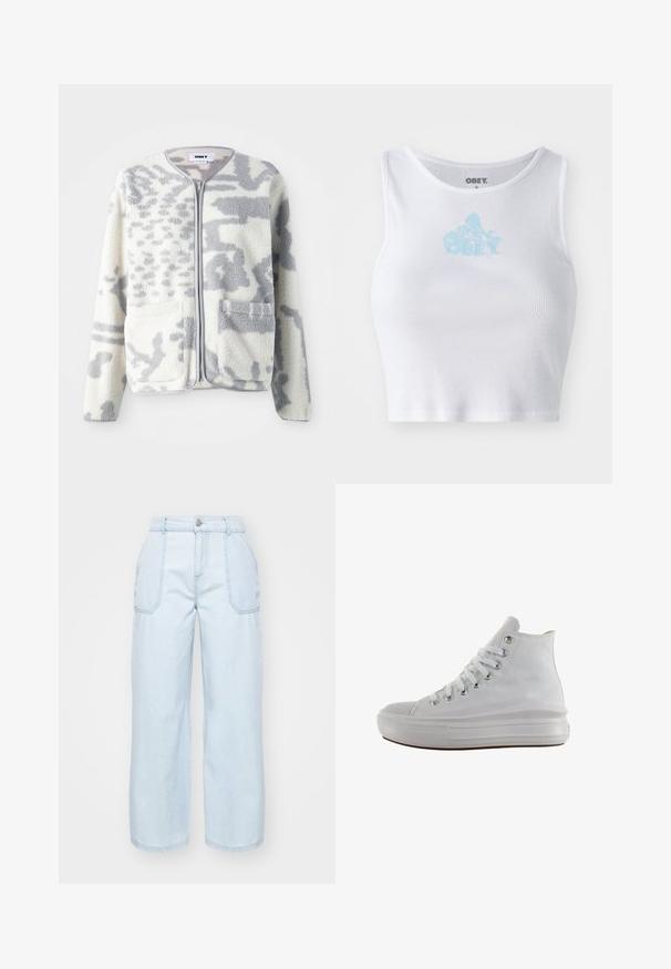 Fleecejakke i crème og grå med lynlås, to forlommer og en blød, struktureret overflade med et subtilt abstrakt mønster.; Hvid ribbet crop top med rund halsudskæring og et lyseblåt "OBEY" logo centreret på brystet. Glat tekstur og tætsiddende design.; Lysblå vidbensjeans lavet af denim, med en frontknaplukning, to sidelommer og synlige stingdetaljer.; Hvid højt canvas sneaksko med hvide snørebånd, metaløjer, tyk gummisål og tekstureret tåhætte, vendt mod venstre på en hvid baggrund.
