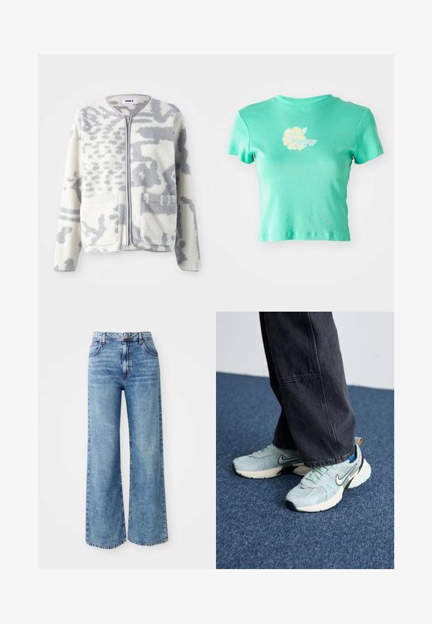 Fleecejacke in Creme und Grau mit einem Reißverschluss, zwei Vorderseiten Taschen und einer weichen, strukturierten Oberfläche mit einem dezenten abstrakten Muster.; Gekürztes T-Shirt aus hellblauem Stoff mit floralem Design und "ROXY"-Logo in Weiß und Gelb auf der Vorderseite. Kurze Ärmel.; Hellblaue Denim-Jeans mit weit geschnittenem Bein und hoher Taille, ausgestattet mit fünf Taschen, einer Knopfverschluss und kontrastierender Naht entlang der Nähte.; Himmelblaue Mesh-Nike-Sneaker mit strukturiertem Finish, schwarzem Swoosh und cremefarbener Zwischensohle, kombiniert mit dunkelgrauen weiten Hosen.