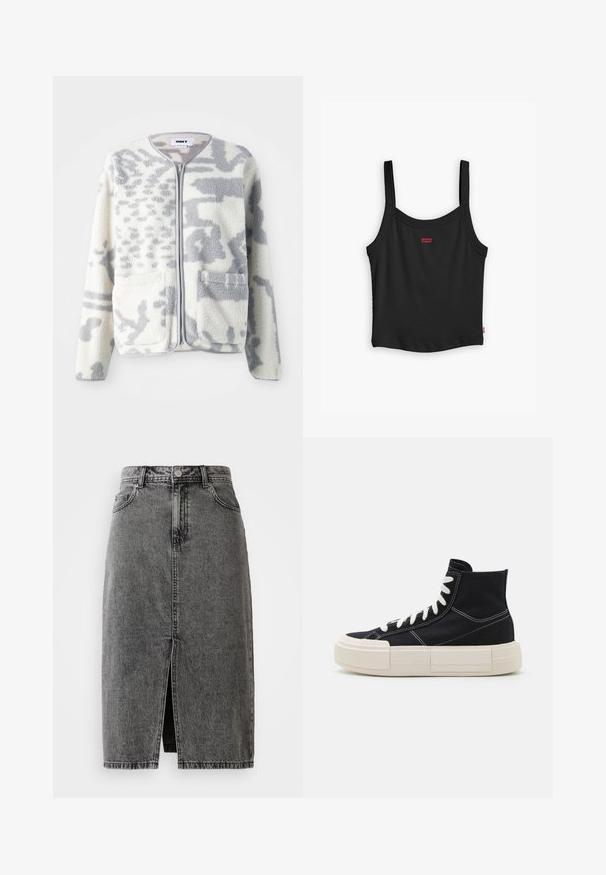 Fleecejakke i crème og grå med lynlås, to forlommer og en blød, struktureret overflade med et subtilt abstrakt mønster.; Sort ribbet tanktop med tynde stropper, med et lille rødt Levi's-logo i midten foran og en lige nederste kant.; Højtaljet, falmet sort denim midi-nederdel med en frontslids, bæltesløjfer og klassisk fem-lomme design.; Sorte kanvas høj-top sneakers med hvide snørebånd, tyk creme sål, kontrasterende syninger og en rund tådesign.